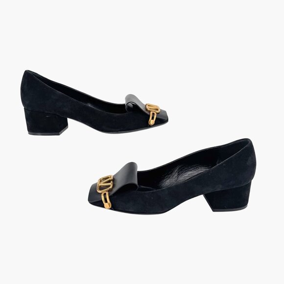 Valentino VLogo Black Suede Leather Block Heel Pumps Shoes Size 38.5 US 8.5 - Picture 7 of 15